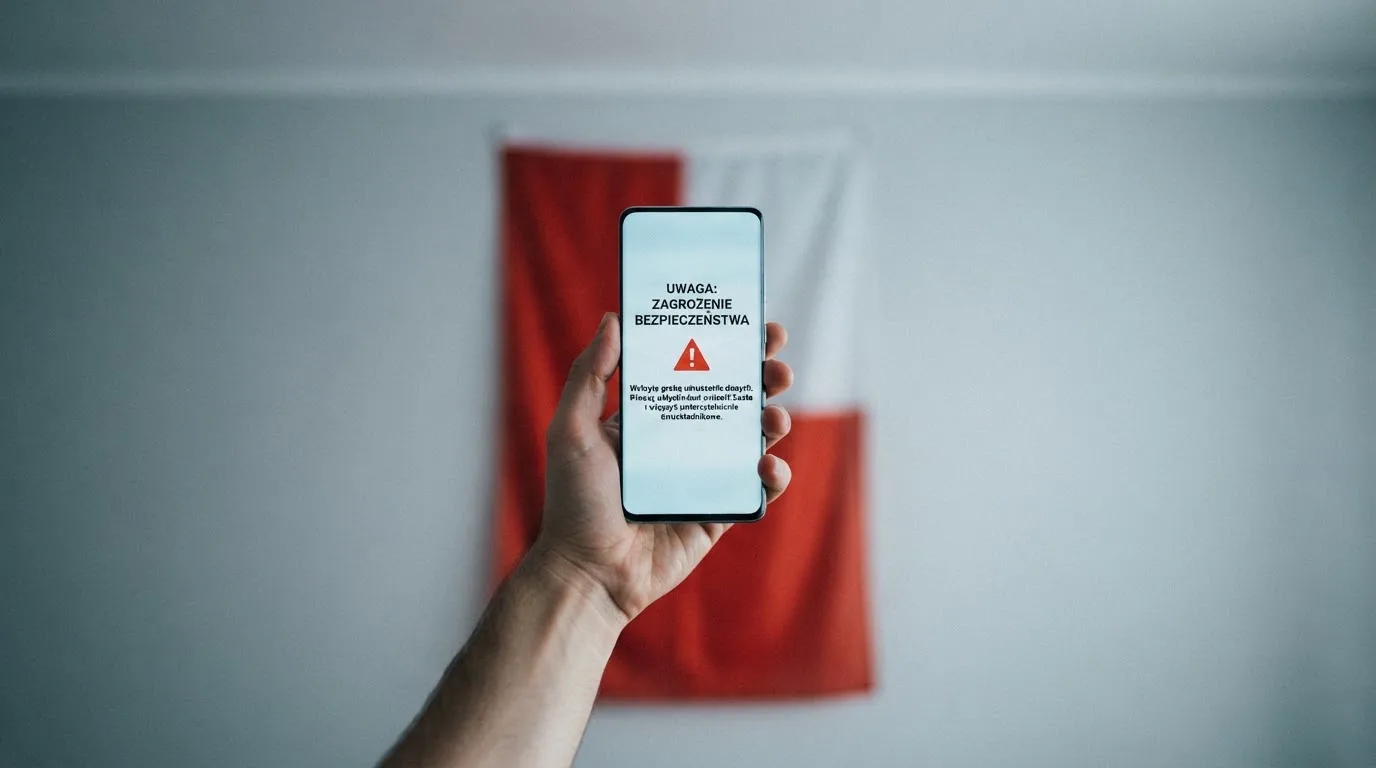 Dłoń trzymająca telefon z widocznym komunikatem ostrzegawczym o legalności hazardu online na tle biało-czerwonej flagi Polski.