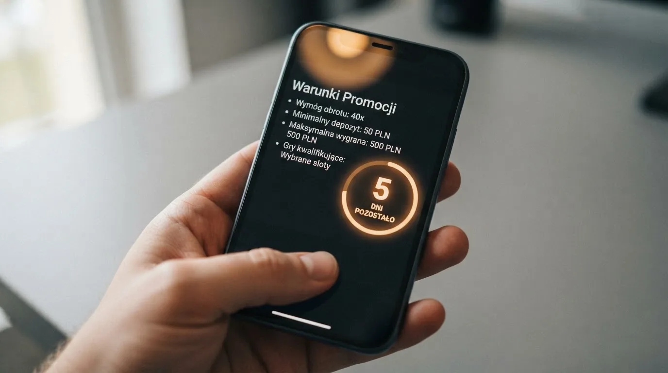 Zbliżenie na telefon z listą warunków promocji i licznikiem odliczającym dni do końca oferty