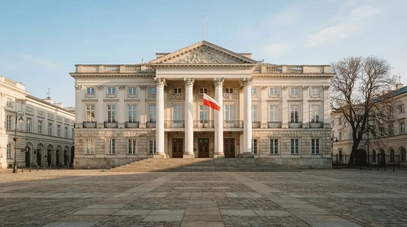 Fasada budynku instytucji państwowej z flagą Polski, symbol nadzoru regulatora nad rynkiem gier hazardowych