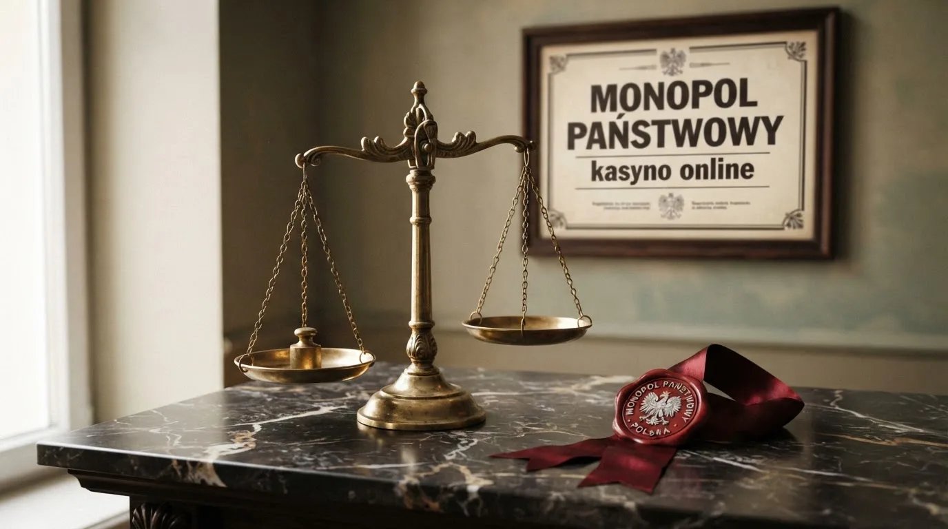 Waga i pieczęć obok napisu o państwowym monopolu na kasyno online