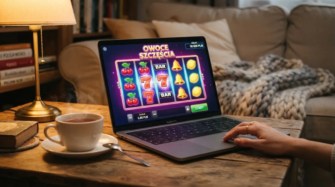 Ekran laptopa z automatem w trybie demo i saldem wirtualnych kredytów, obok kubek herbaty na stole w salonie