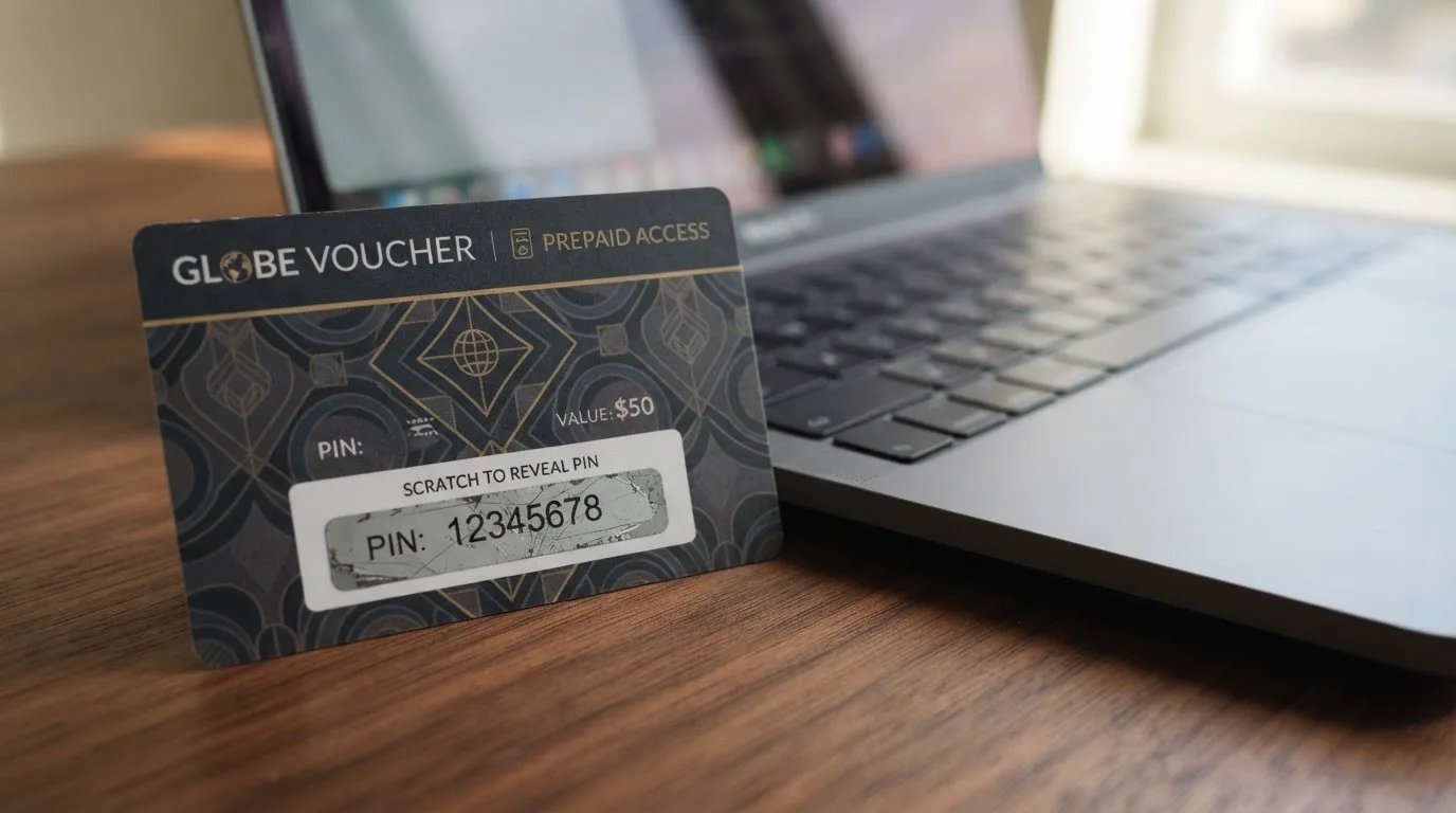 Karta przedpłacona Paysafecard z zasłoniętym polem kodu PIN obok klawiatury laptopa