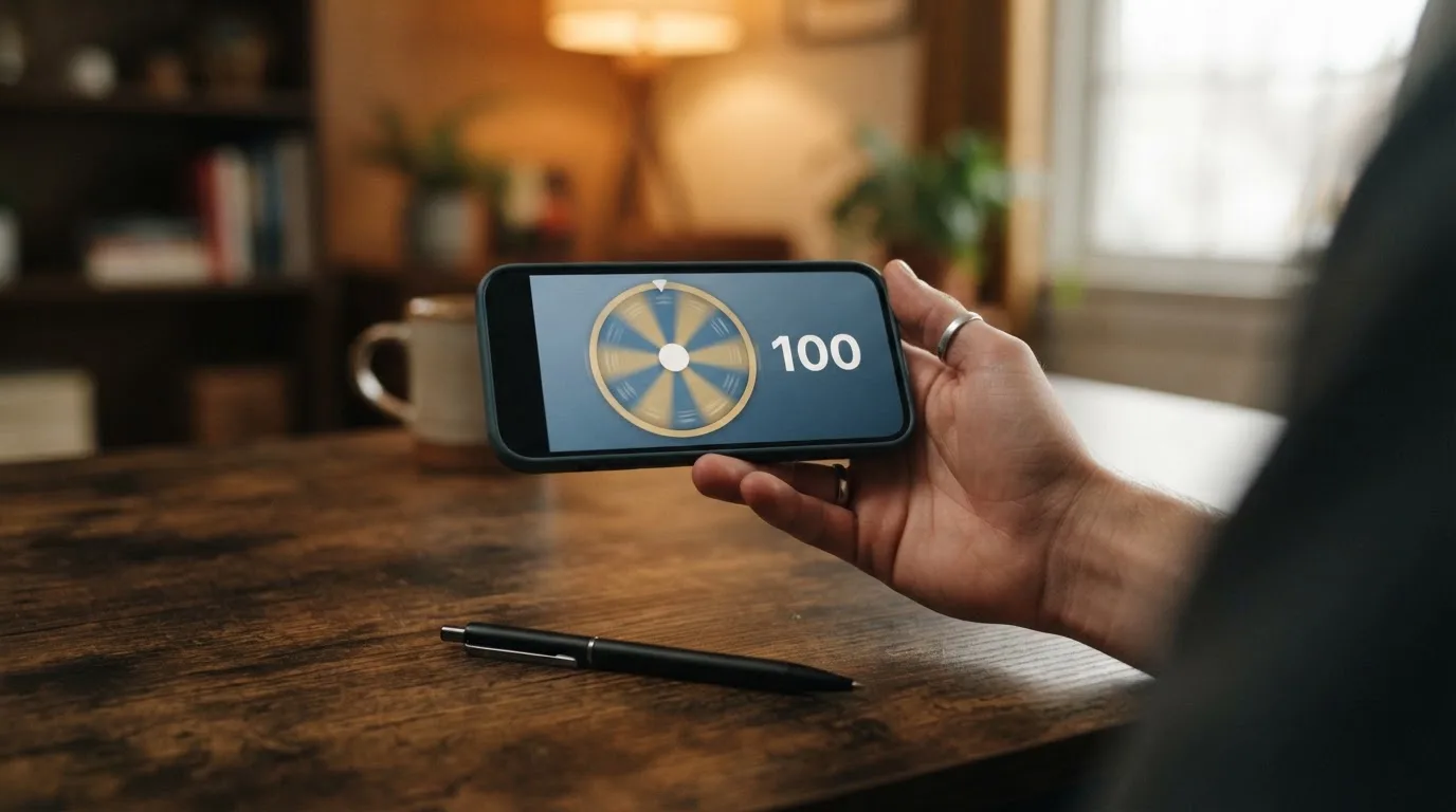 Dłoń trzyma smartfon z prostym kołem obrotowym na ekranie i jedną liczbą obok niego, na biurku leży długopis