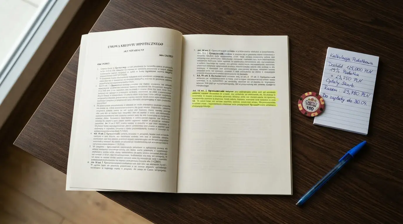 Wydruk kodeksu karnego skarbowego z zakreślonym artykułem obok kalkulatora i długopisu na biurku
