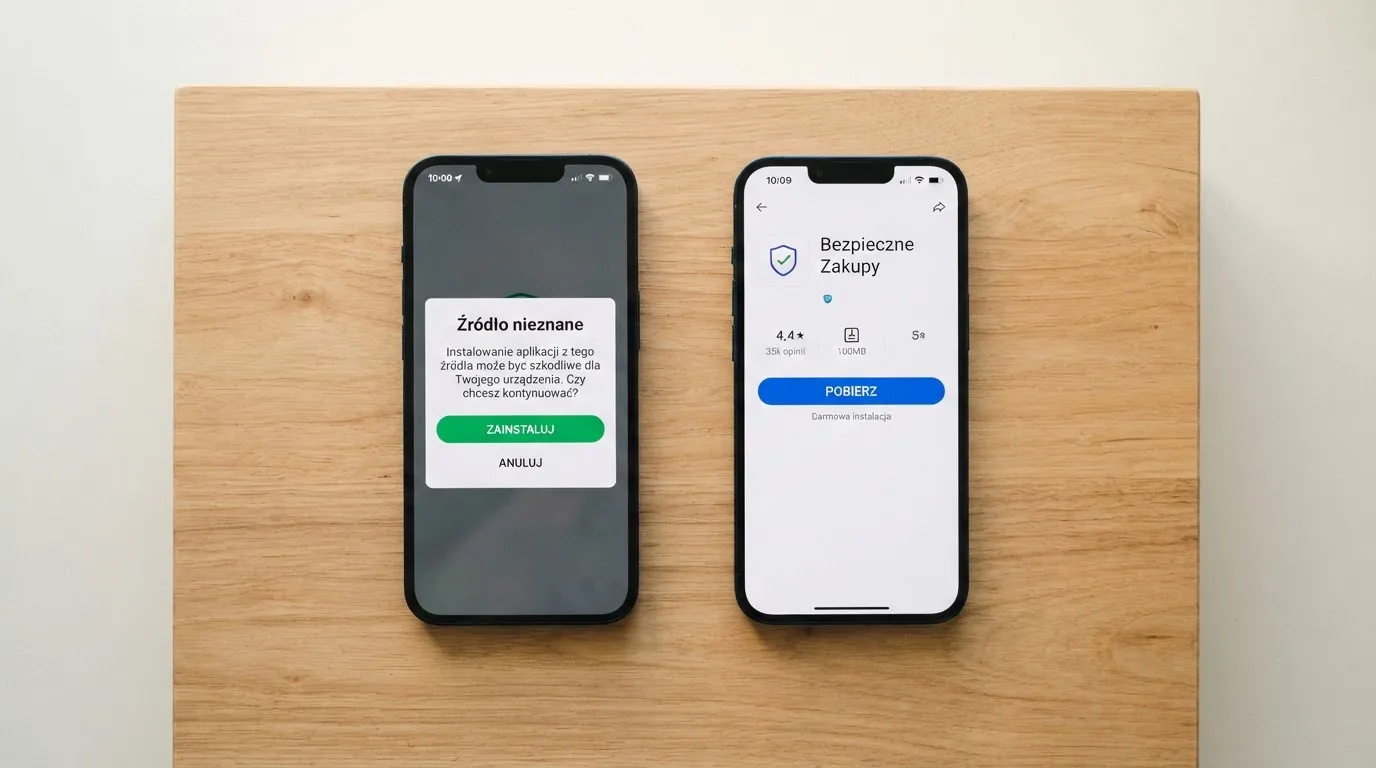 Dwa telefony obok siebie: na jednym komunikat zgody na instalację pliku APK z nieznanego źródła, na drugim strona aplikacji w sklepie z przyciskiem pobierania