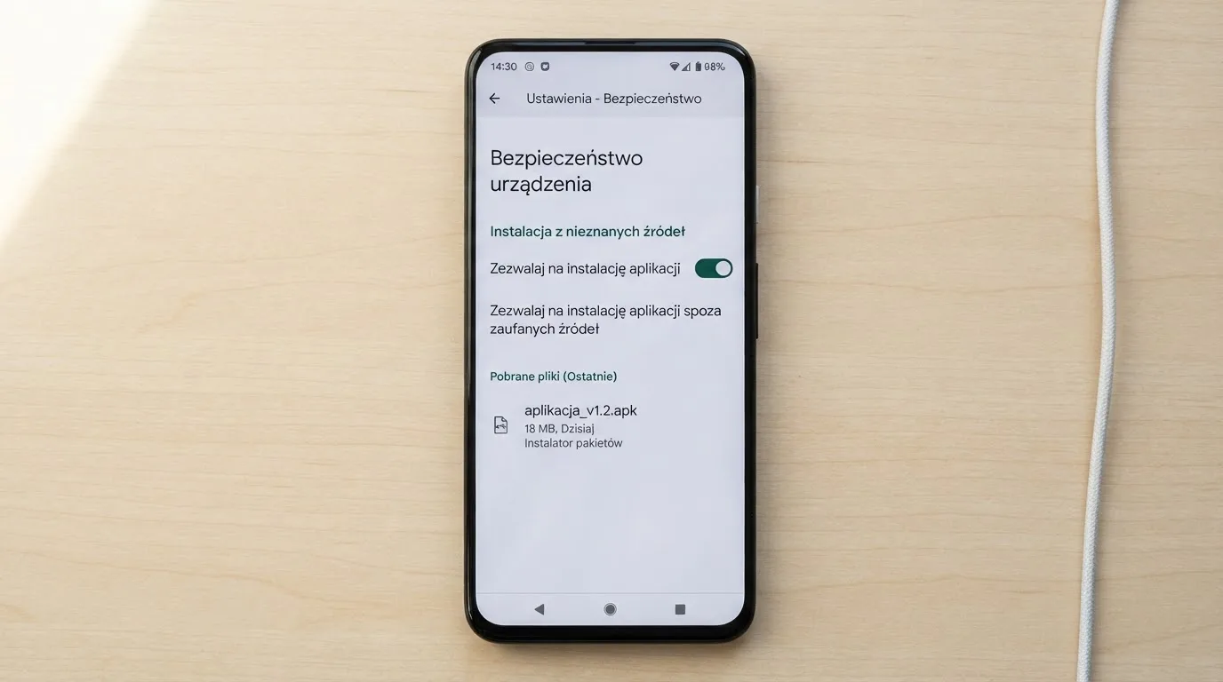 Ekran ustawień Androida z przełącznikiem zgody na instalację aplikacji z nieznanego źródła i pobranym plikiem instalacyjnym na liście