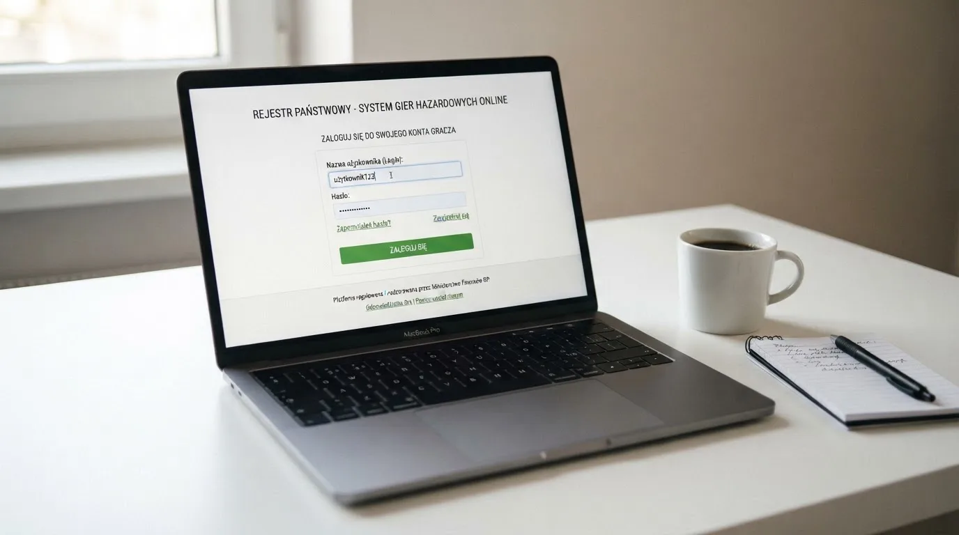 Strona logowania oficjalnej platformy Total Casino na ekranie laptopa, jedynego legalnego kasyna online w Polsce