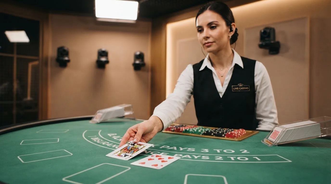 Krupier rozdający karty przy stole blackjacka podczas transmisji na żywo