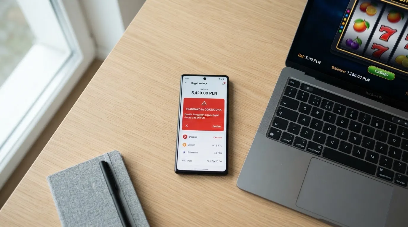 Smartfon z otwartym portfelem kryptowalut i komunikatem o odrzuconej płatności leżący obok laptopa
