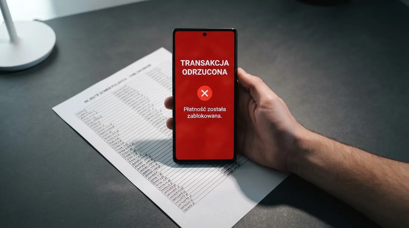 Telefon z komunikatem o odrzuconej płatności na ekranie, obok wydruk tabeli z listą zablokowanych adresów stron