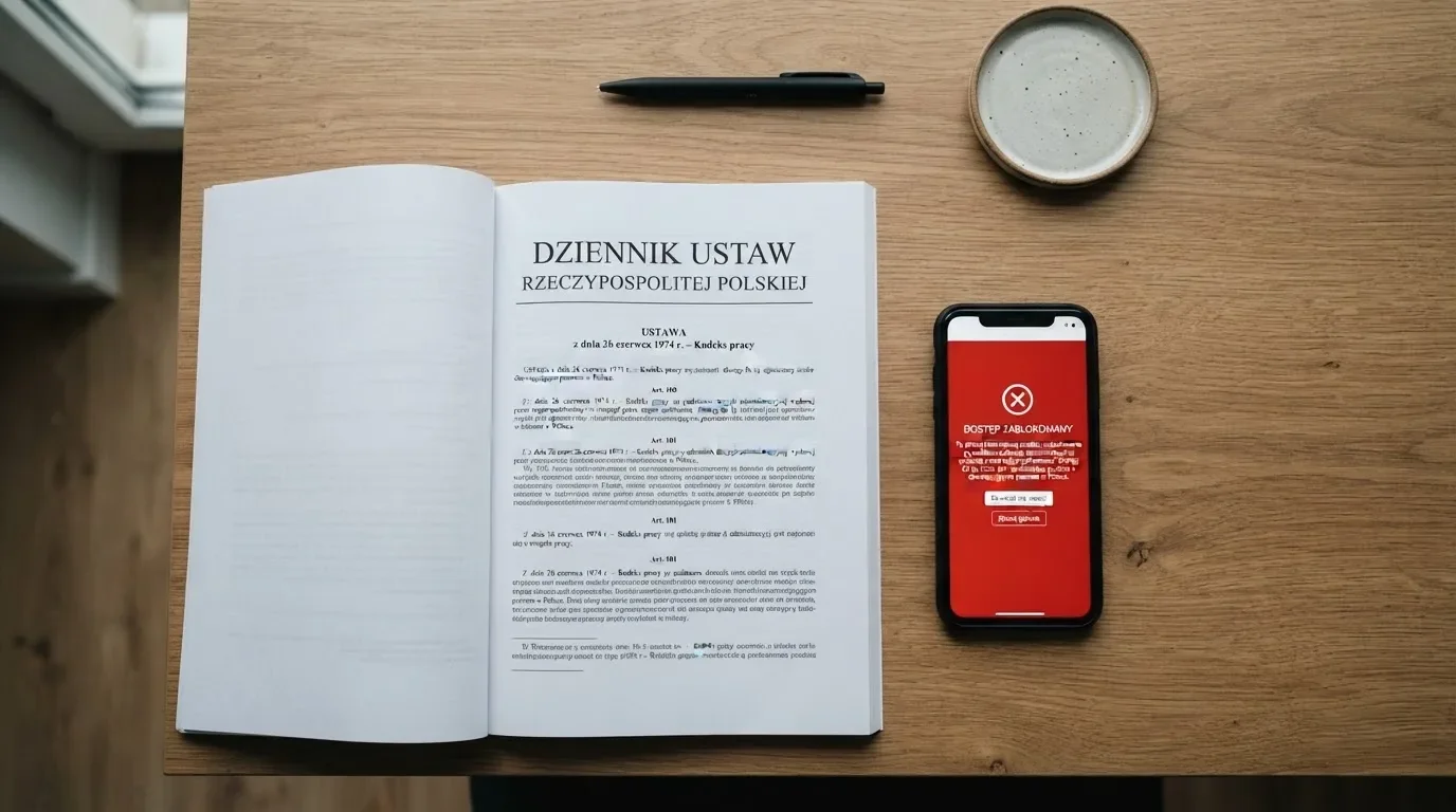 Biurko z wydrukiem ustawy o grach hazardowych i telefonem wyświetlającym komunikat o zablokowanej stronie kasyna