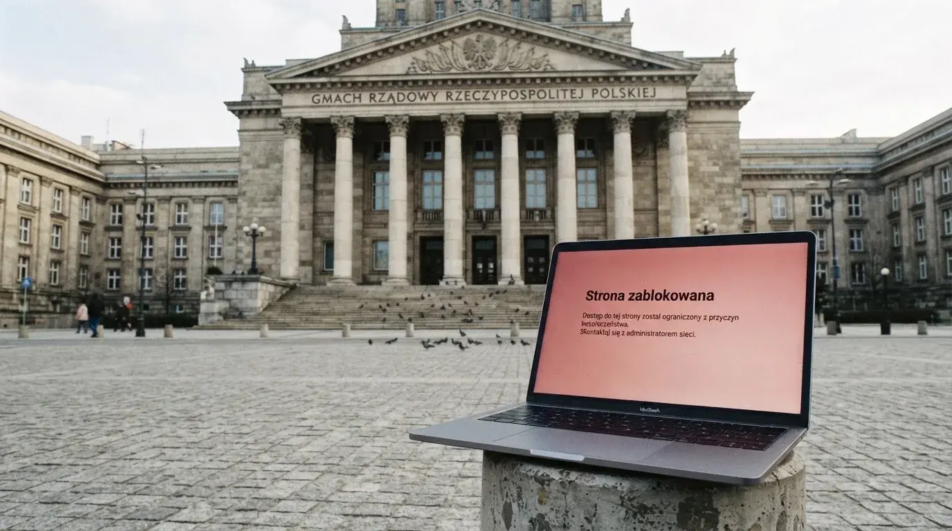 Budynek urzędu z tablicą ministerstwa, na pierwszym planie laptop z komunikatem o zablokowanej stronie kasyna