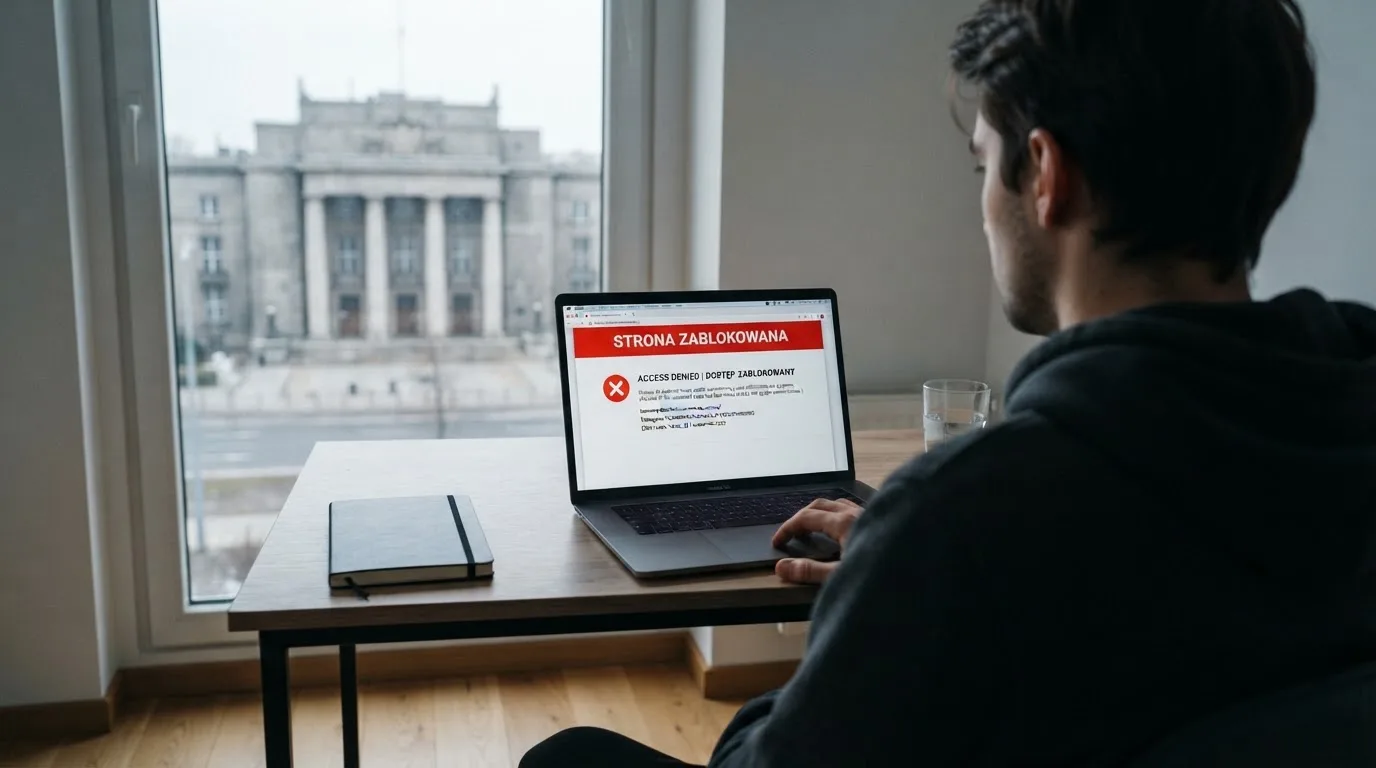 Laptop z komunikatem o zablokowanej stronie hazardowej, w tle budynek urzędu z tablicą ministerstwa