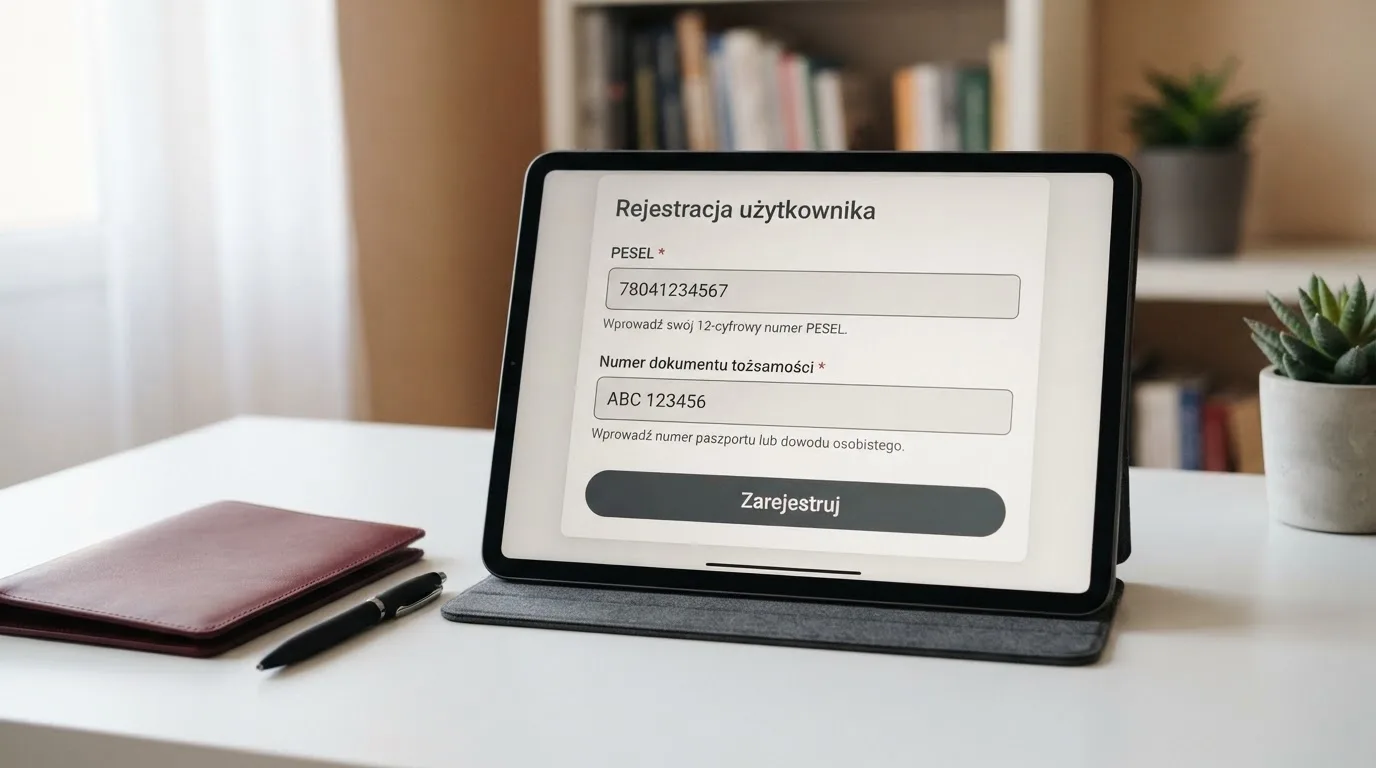 Formularz rejestracji konta gracza z polami na PESEL i numer dokumentu tożsamości na ekranie tabletu