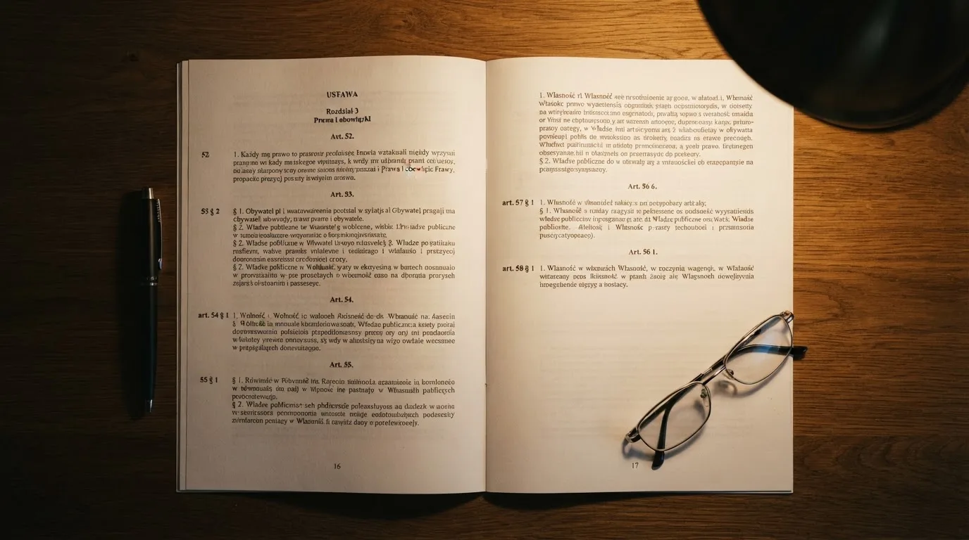 Wydrukowany tekst ustawy o grach hazardowych otwarty na artykule 5, obok okularów i długopisu na biurku
