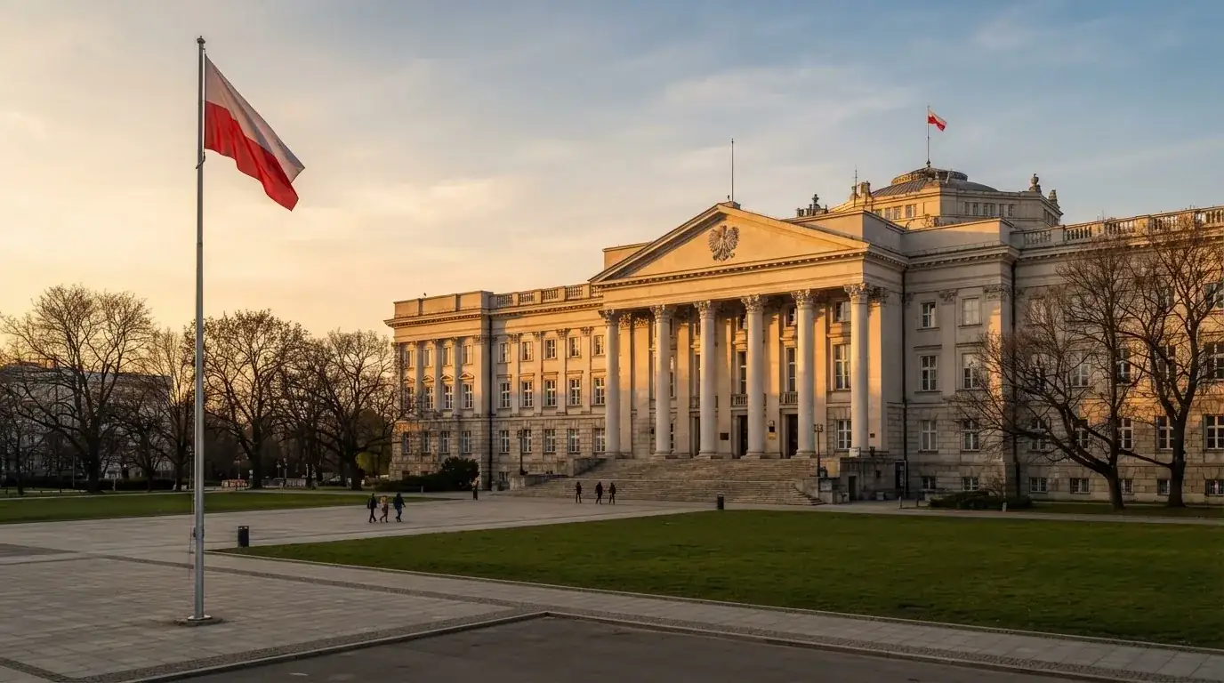 Budynek urzędu administracji państwowej z flagą Polski na maszcie w tle