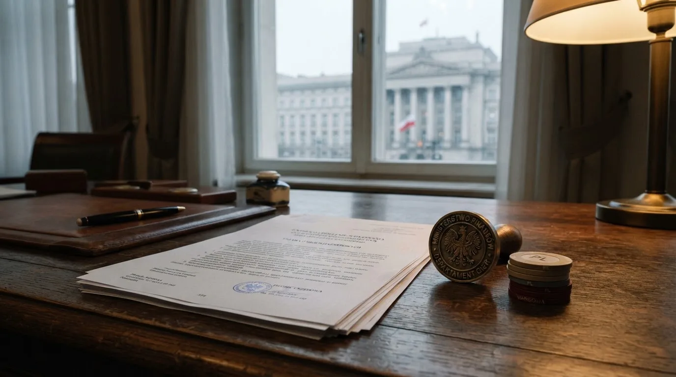Stos dokumentów urzędowych i pieczęć na biurku, w tle sylwetka budynku administracji publicznej