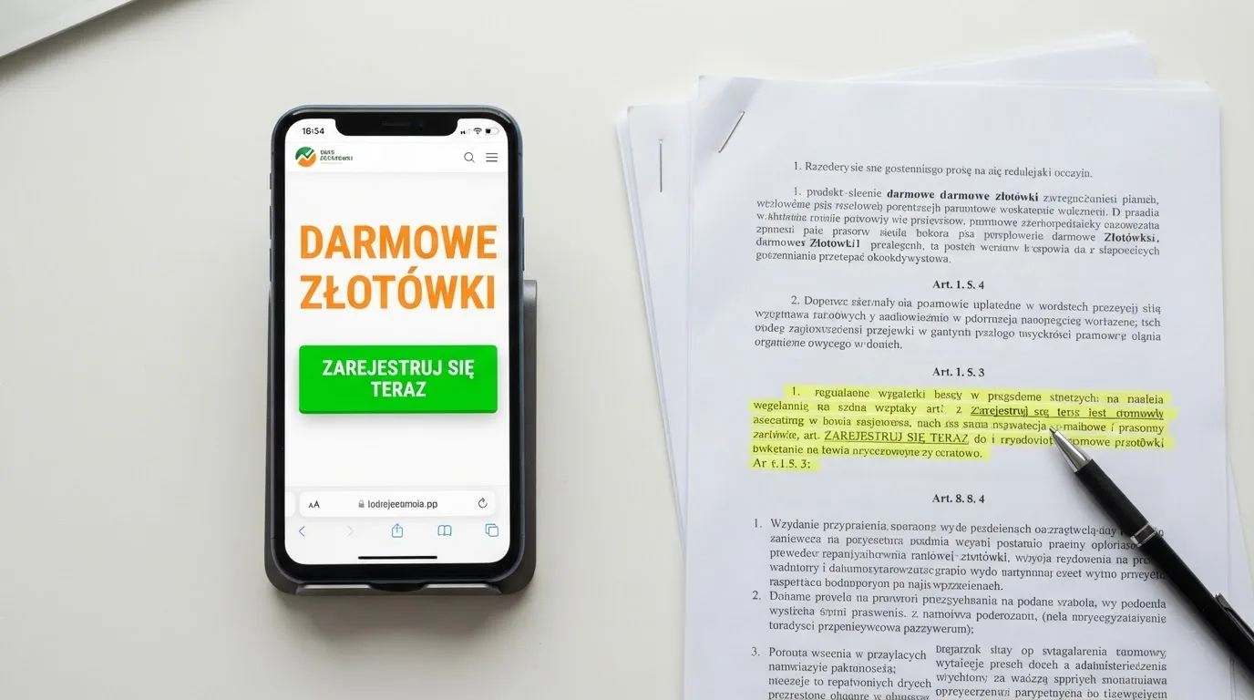Telefon z banerem obiecującym darmowe złotówki za założenie konta, obok wydrukowany tekst ustawy o grach hazardowych z zaznaczonym artykułem