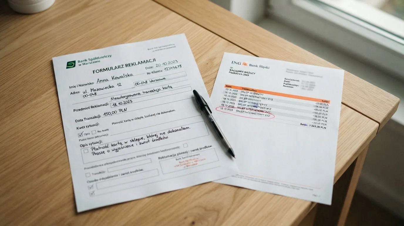 Wydrukowany formularz reklamacji leżący na biurku obok długopisu i wyciągu bankowego z zakreśloną pozycją