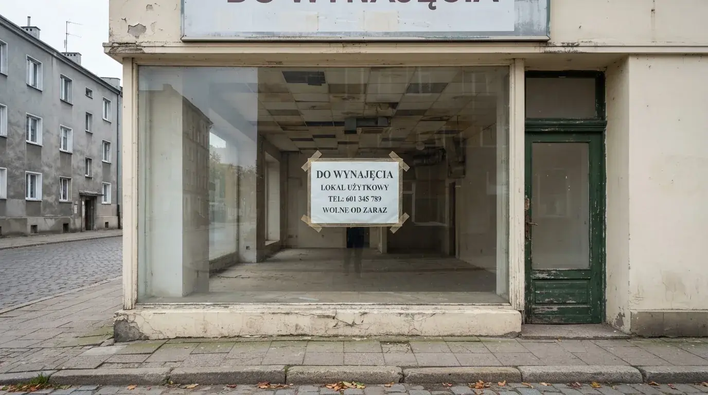 Pusty, zamknięty lokal handlowy z tabliczką „do wynajęcia”, symbolizujący brak działających salonów gry bingo pieniężne