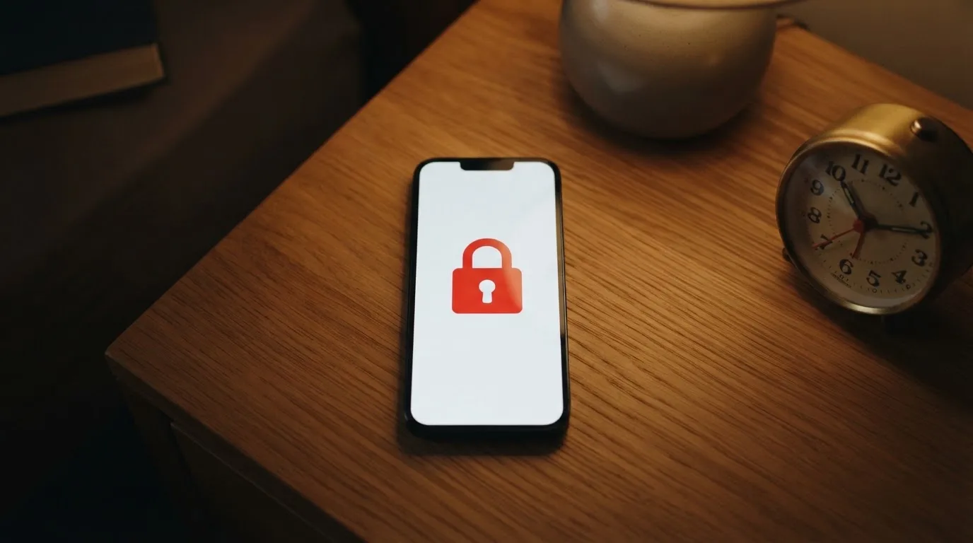 Smartfon leży na stole z prostym czerwonym symbolem blokady na ekranie, obok stoi budzik wskazujący późną porę