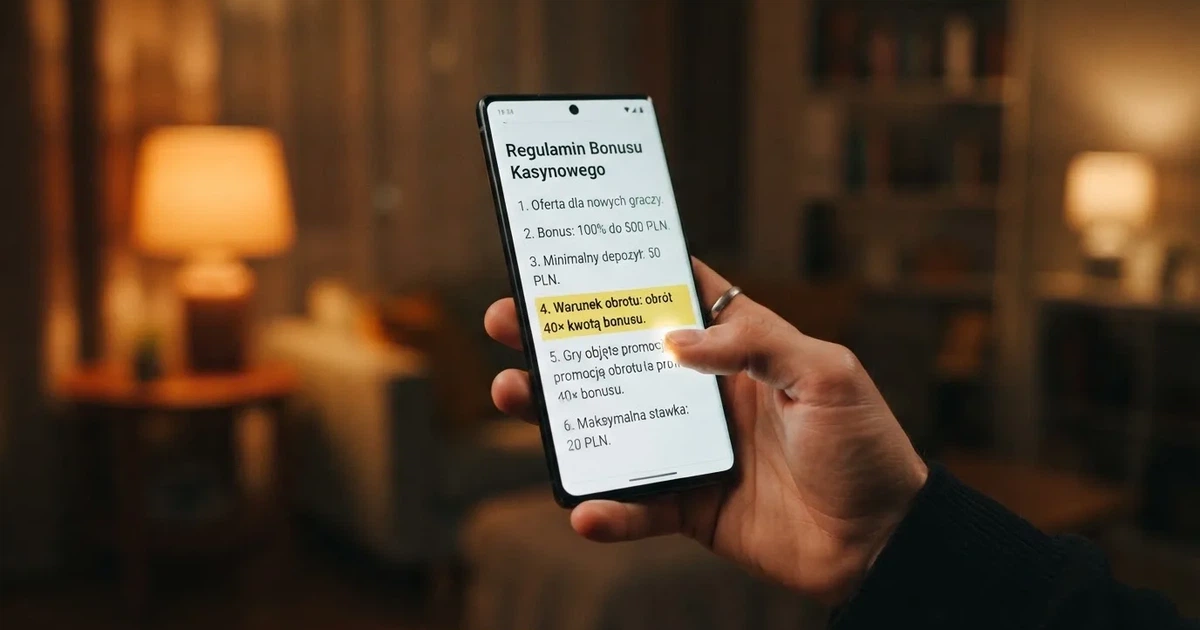 Ekran smartfona z otwartym regulaminem promocji kasyna, palec wskazuje punkt o warunku obrotu