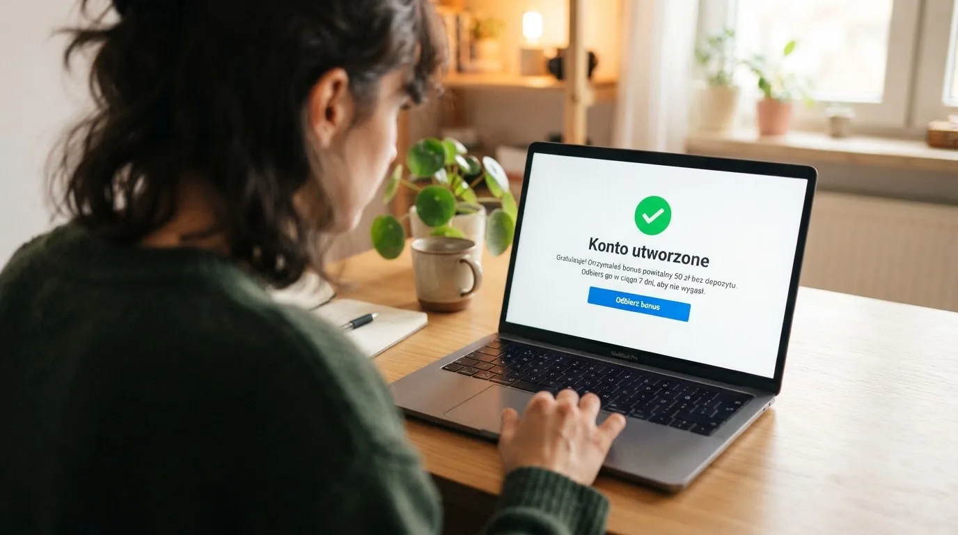 Ekran potwierdzenia założenia konta gracza w kasynie internetowym z komunikatem o bonusie startowym bez wpłaty