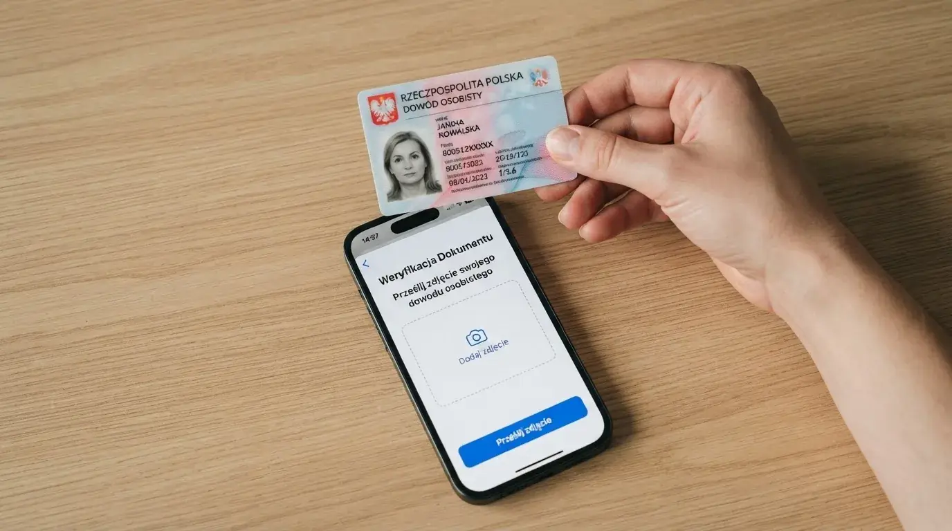Dłoń trzymająca dowód osobisty nad smartfonem z otwartym formularzem przesyłania zdjęcia dokumentu