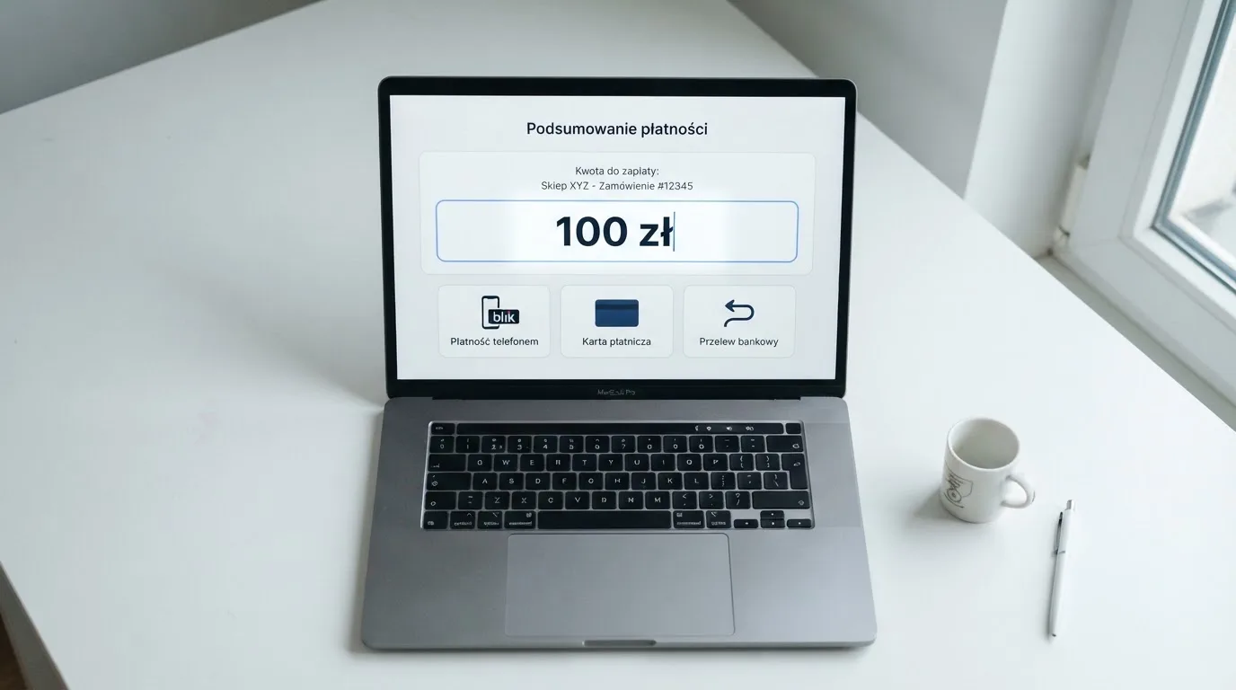 Laptop z oknem wpłaty na ePortfel, wpisana kwota 100 zł i lista metod: BLIK, karta płatnicza, szybki przelew