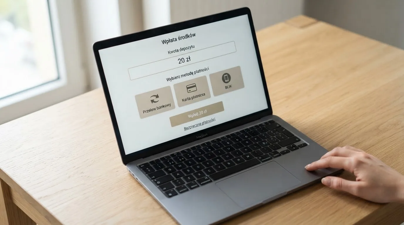 Laptop z otwartym formularzem wpłaty na kwotę 20 zł i wyborem między szybkim przelewem, kartą płatniczą a BLIK-iem